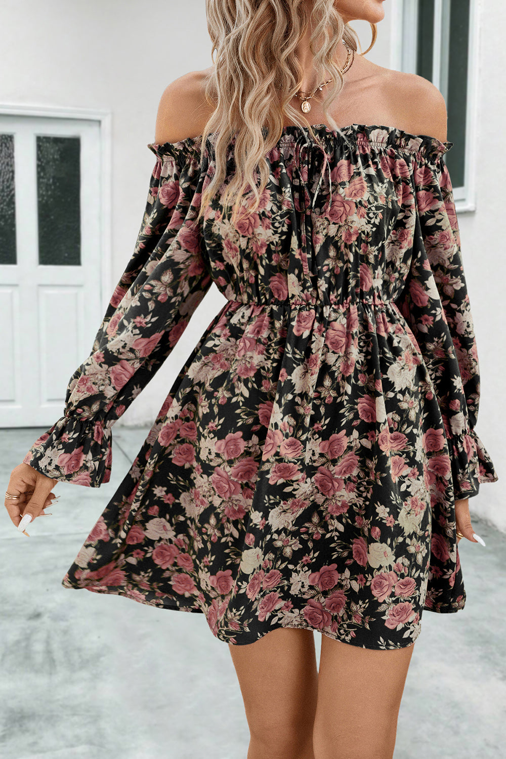 Floral Off-Shoulder Flounce Sleeve Dress - Black / S - All Dresses - Dresses - 5 - 2024