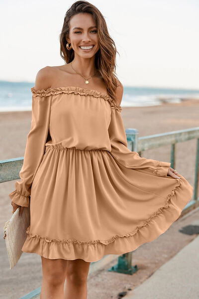 Frill Off-Shoulder Flounce Sleeve Dress - Orange / S - All Dresses - Dresses - 10 - 2024