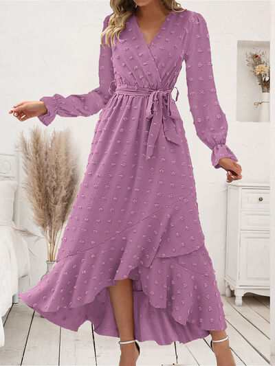 Swiss Dot Tie Waist Flounce Sleeve Dress - Lilac / S - All Dresses - Dresses - 1 - 2024