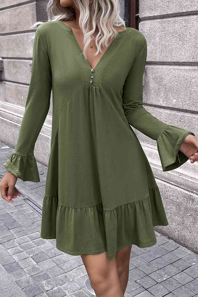 V-Neck Flounce Sleeve Ruffle Hem Mini Dress - All Dresses - Dresses - 3 - 2024