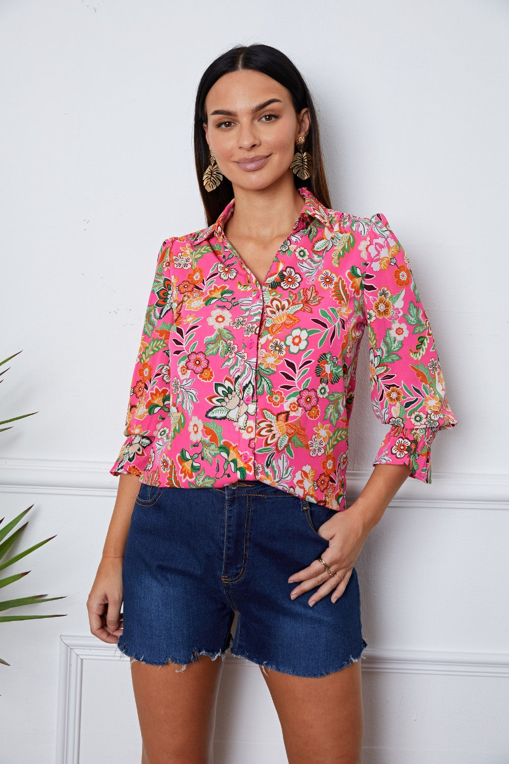 Floral Button Up Flounce Sleeve Shirt - Deep Red / S - T-Shirts - Shirts & Tops - 1 - 2024