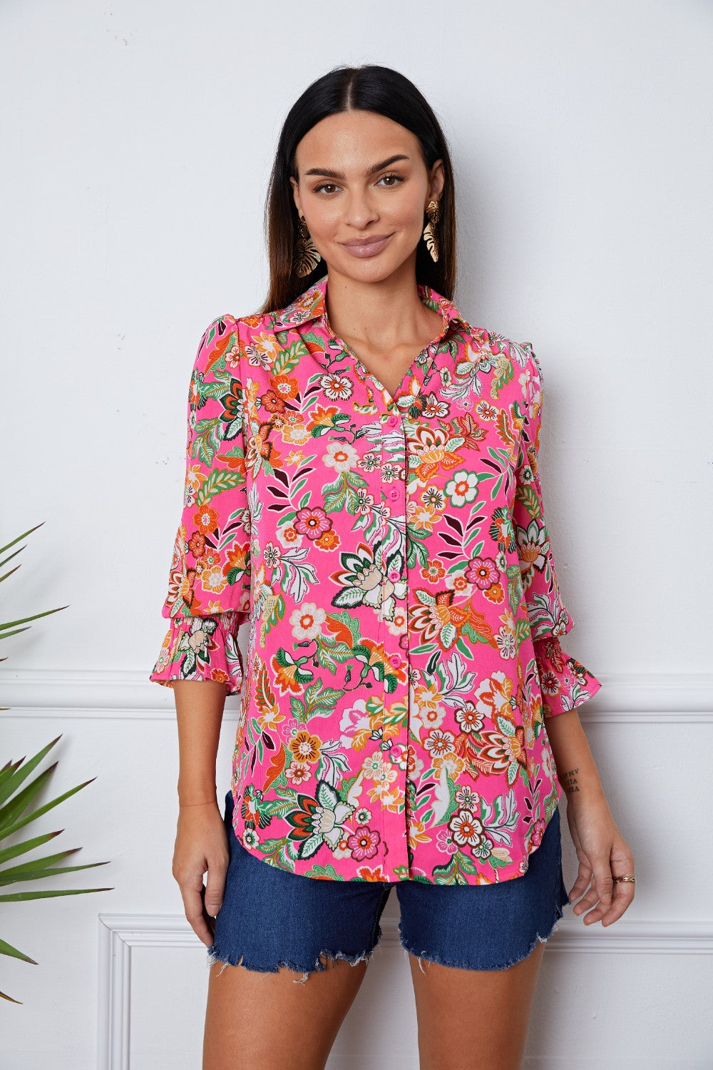 Floral Button Up Flounce Sleeve Shirt - T-Shirts - Shirts & Tops - 3 - 2024