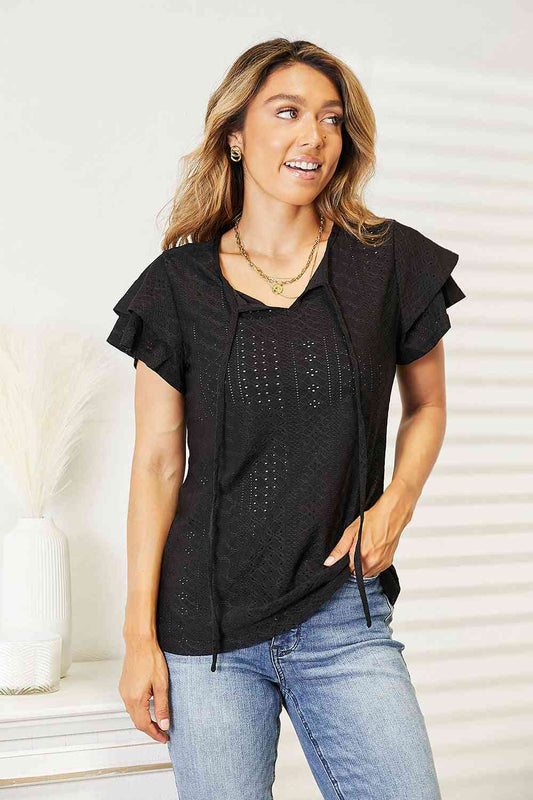 Eyelet Tie-Neck Flutter Sleeve Blouse - Black / S - Women’s Clothing & Accessories - Shirts & Tops - 1 - 2024