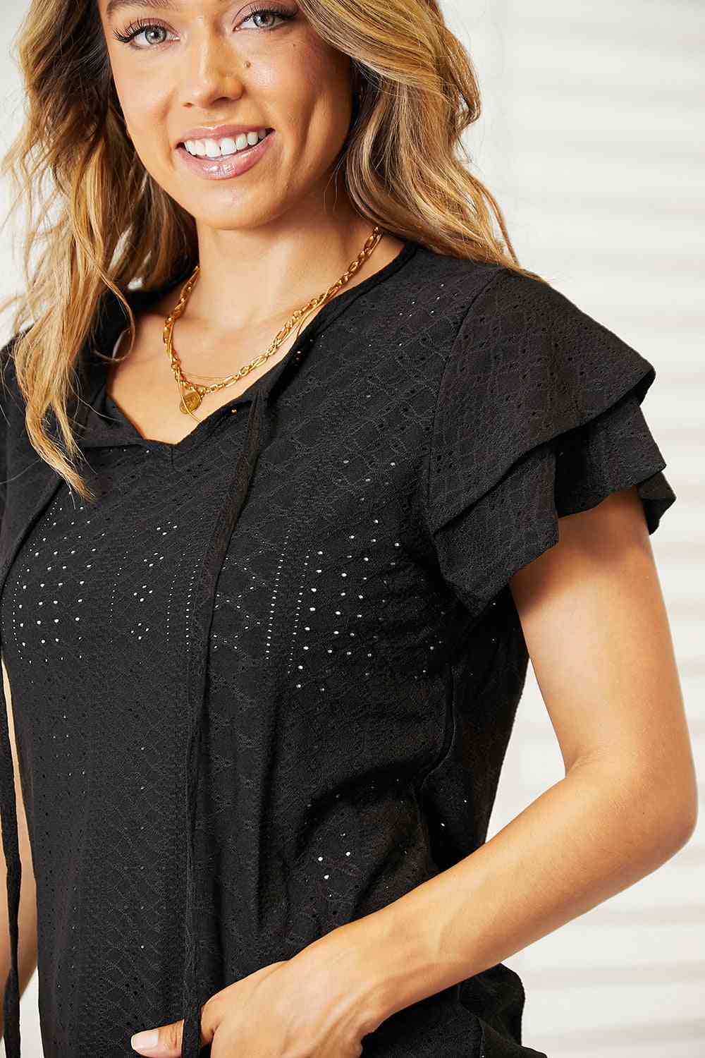 Eyelet Tie-Neck Flutter Sleeve Blouse - Women’s Clothing & Accessories - Shirts & Tops - 4 - 2024