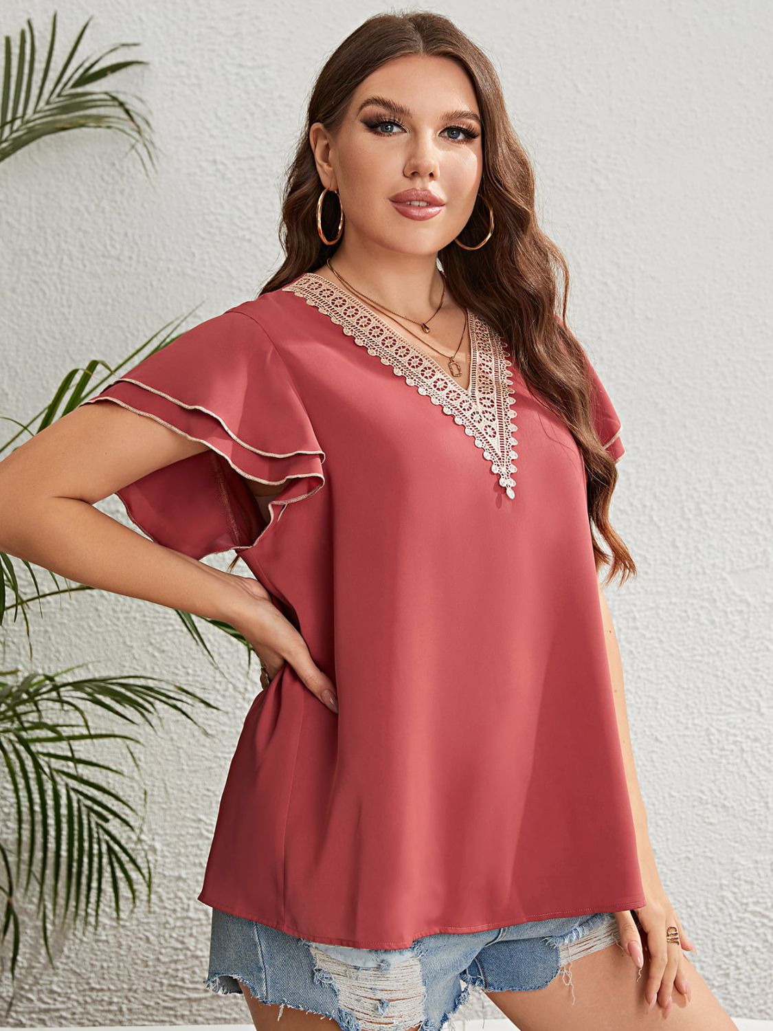 Plus Size Contrast V-Neck Layered Flutter Sleeve Blouse - Women’s Clothing & Accessories - Shirts & Tops - 3 - 2024