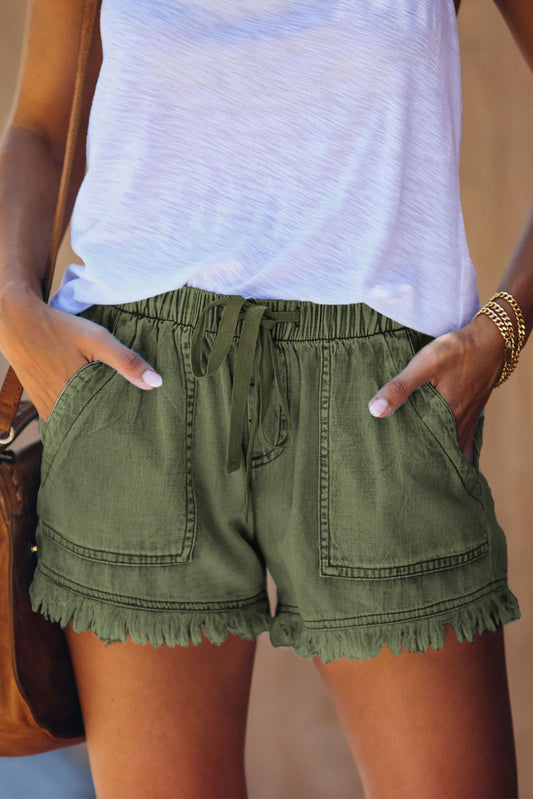 Pocketed Frayed Denim Shorts - Green / S - Bottoms - Shorts - 1 - 2024