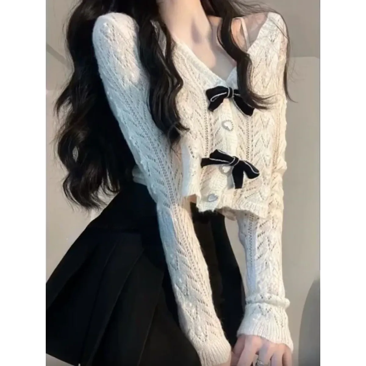 Knit Bow Cardigan – French Elegant Y2K Aesthetic - Women’s Clothing & Accessories - V-neck - Clothing Sets - 1
