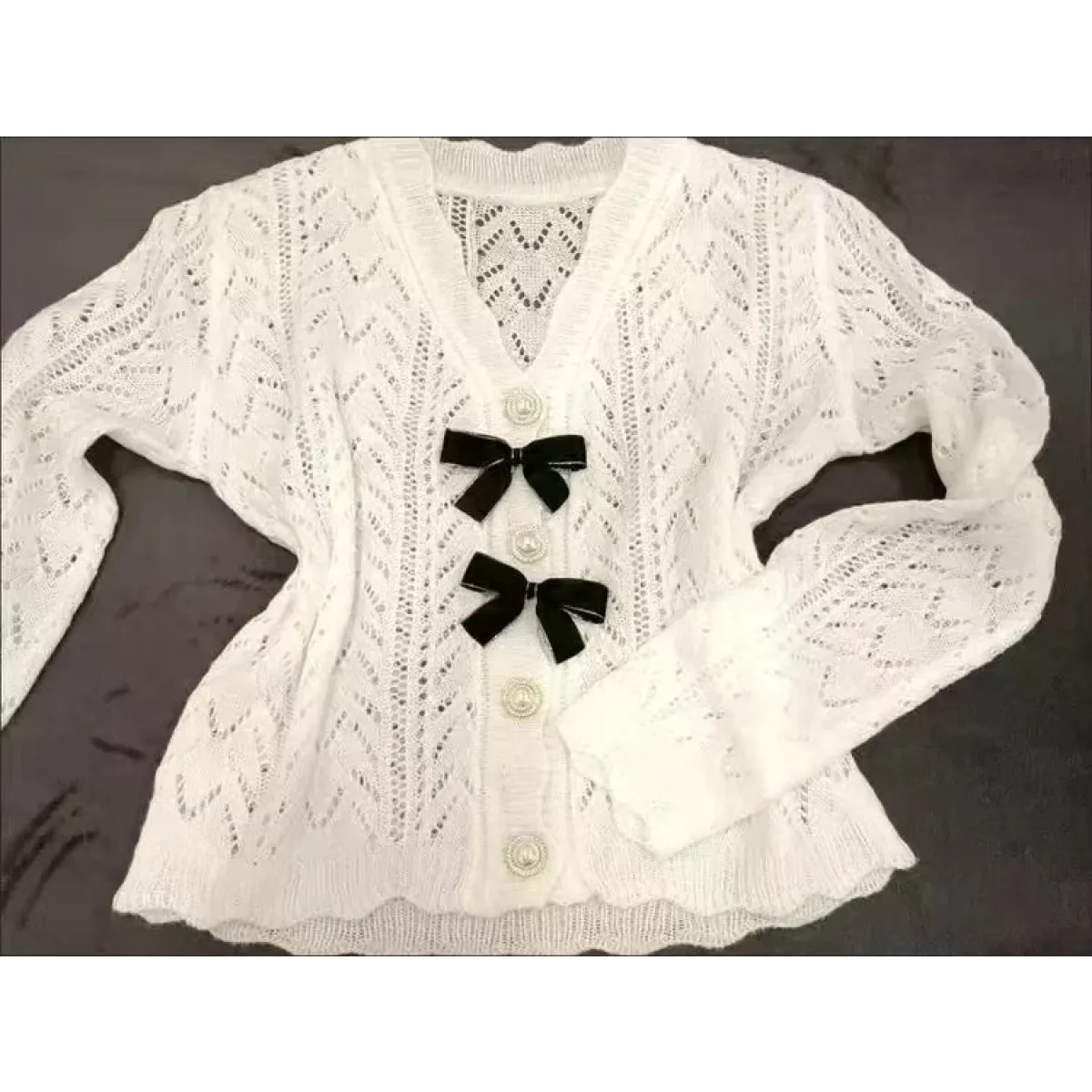 Knit Bow Cardigan – French Elegant Y2K Aesthetic - Women’s Clothing & Accessories - V-neck - Clothing Sets - 2