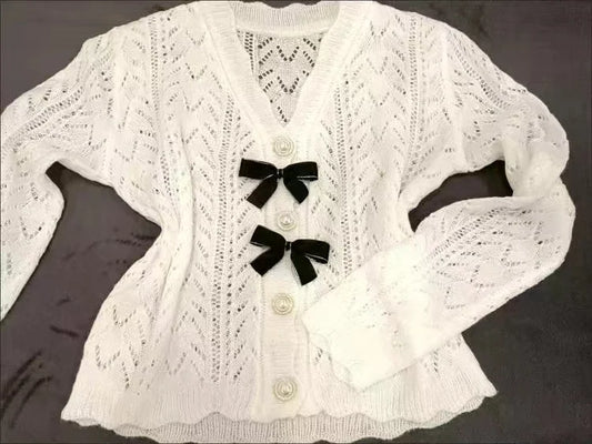 Knit Bow Cardigan – French Elegant Y2K Aesthetic - Women’s Clothing & Accessories - 2025 - 2 - Worldwide Shipping