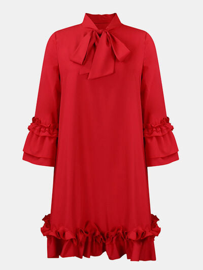 Frill Tie Neck Three-Quarter Sleeve Dress - Red / S - All Dresses - Dresses - 15 - 2024