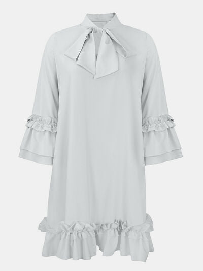 Frill Tie Neck Three-Quarter Sleeve Dress - White / S - All Dresses - Dresses - 5 - 2024