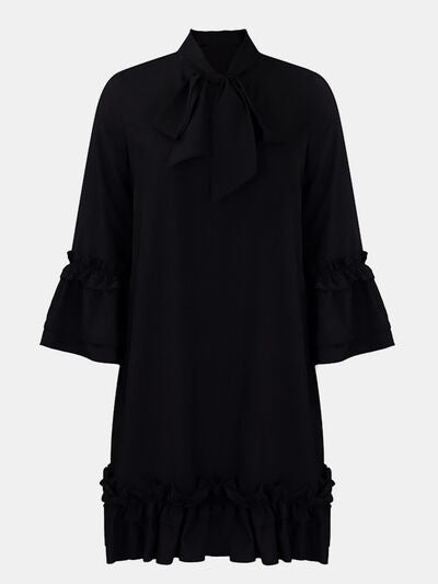 Frill Tie Neck Three-Quarter Sleeve Dress - Black / S - All Dresses - Dresses - 9 - 2024