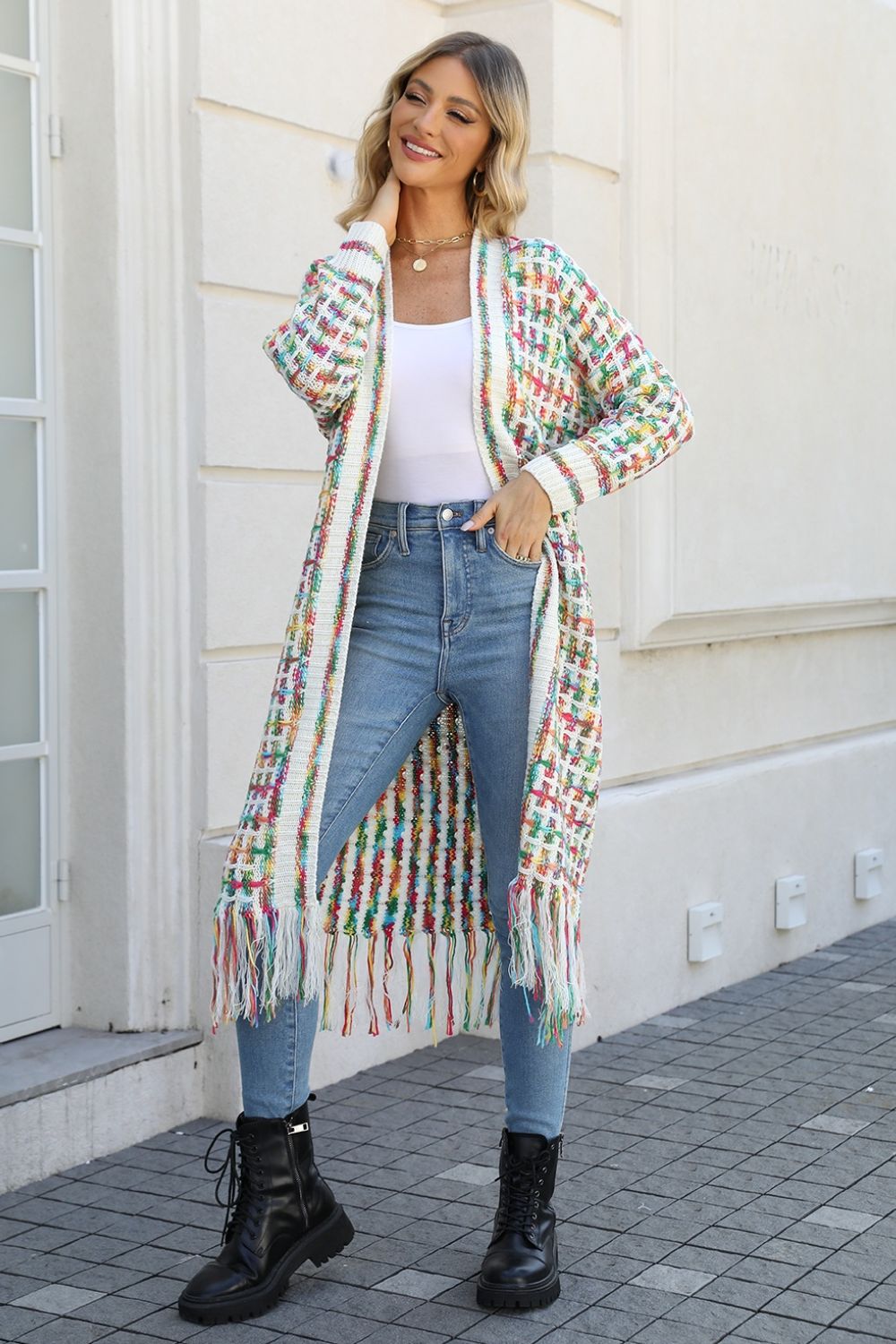 Multicolored Open Front Fringe Hem Cardigan - Mid Green / 3XL - Women’s Clothing & Accessories - Shirts & Tops - 18