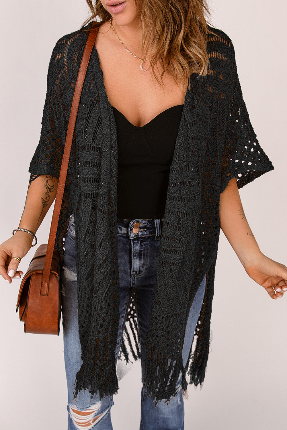 Fringe Hem Slit Open Front Cardigan - Women’s Clothing & Accessories - Shirts & Tops - 3 - 2024