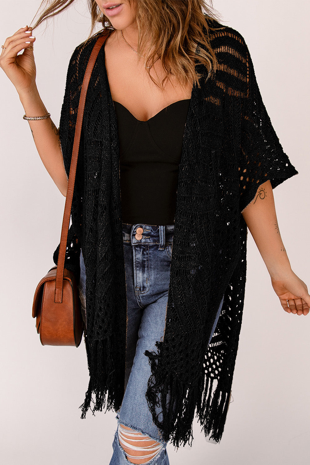 Fringe Hem Slit Open Front Cardigan - Women’s Clothing & Accessories - Shirts & Tops - 5 - 2024