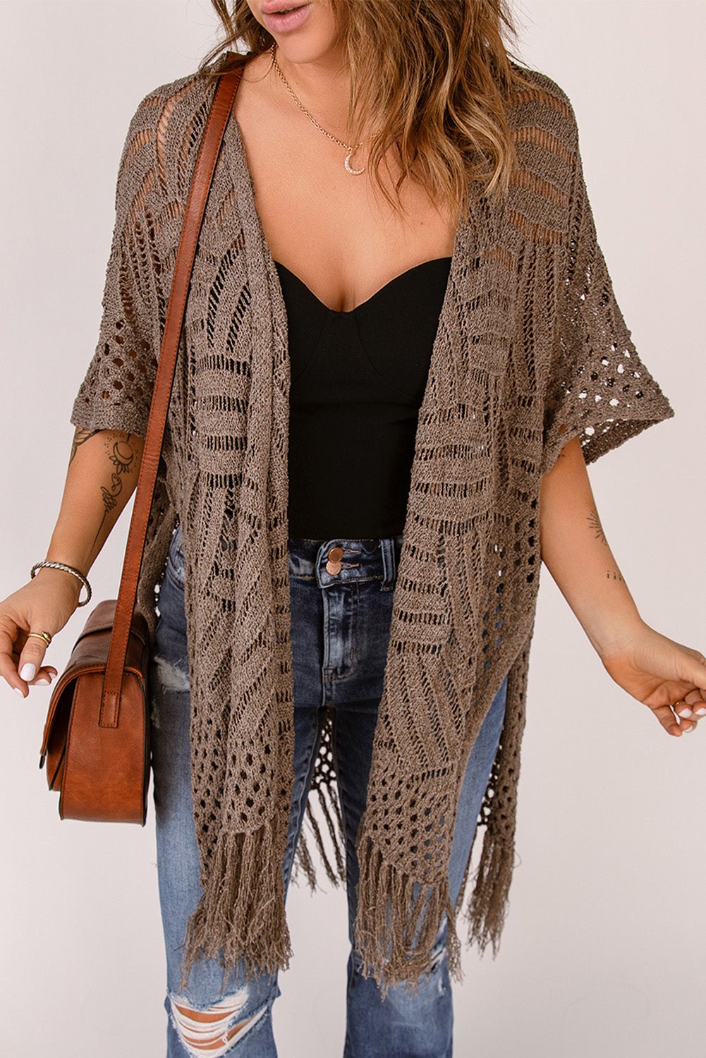 Fringe Hem Slit Open Front Cardigan - Women’s Clothing & Accessories - Shirts & Tops - 7 - 2024