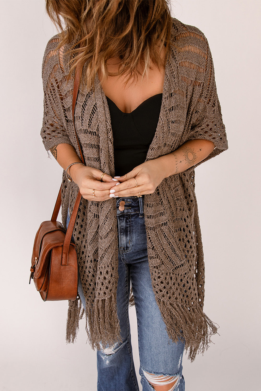 Fringe Hem Slit Open Front Cardigan - Women’s Clothing & Accessories - Shirts & Tops - 8 - 2024