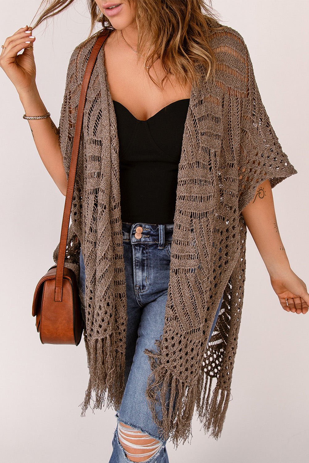 Fringe Hem Slit Open Front Cardigan - Women’s Clothing & Accessories - Shirts & Tops - 9 - 2024