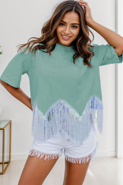 Fringe Round Neck Short Sleeve T-Shirt - T-Shirts - Shirts & Tops - 2 - 2024