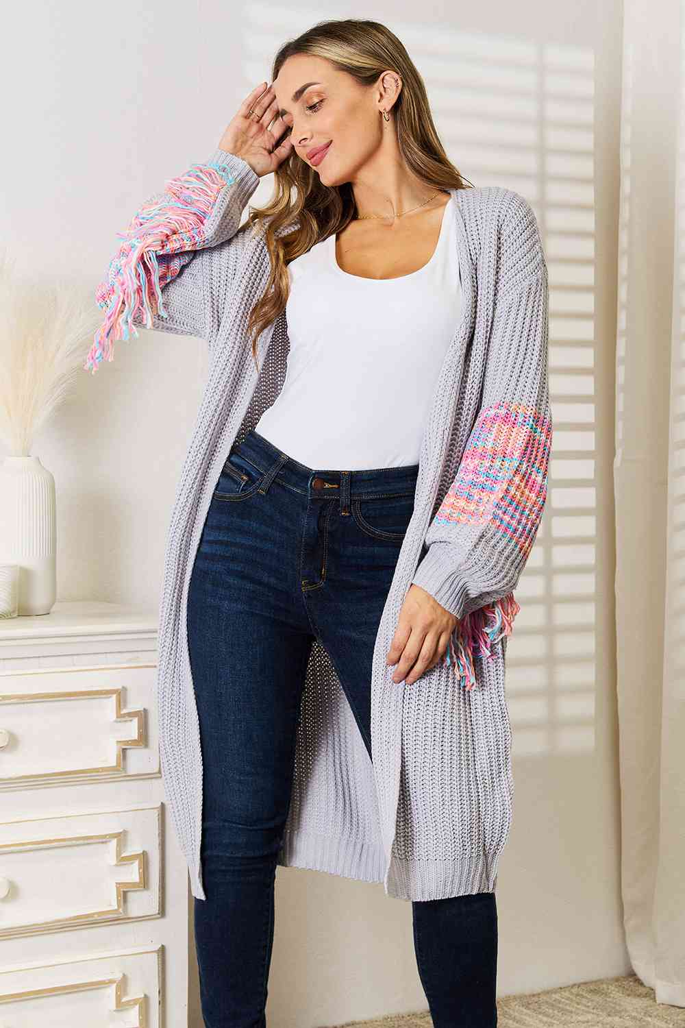 Fringe Sleeve Dropped Shoulder Cardigan - Women’s Clothing & Accessories - Shirts & Tops - 3 - 2024