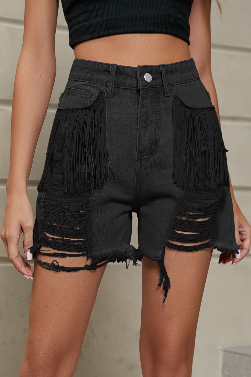 Fringe Trim Distressed Denim Shorts with Pockets - Black / S - Women’s Clothing & Accessories - Shorts - 8 - 2024