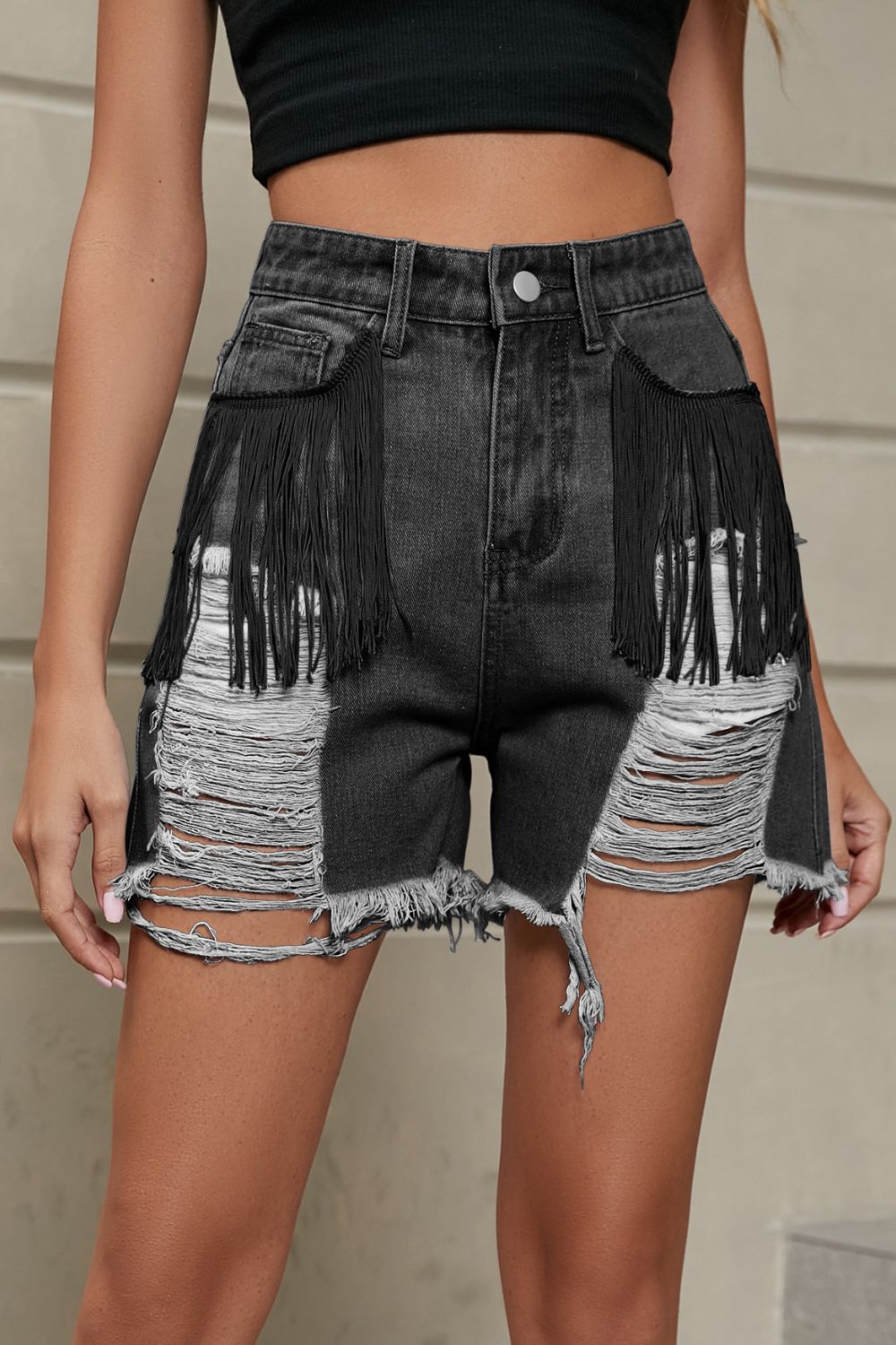 Fringe Trim Distressed Denim Shorts with Pockets - Gray / S - Women’s Clothing & Accessories - Shorts - 13 - 2024