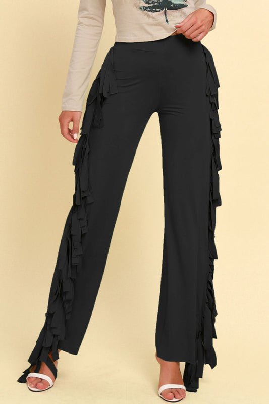 Fringe Trim Wide Leg Pants - Black / S - Bottoms - Pants - 1 - 2024