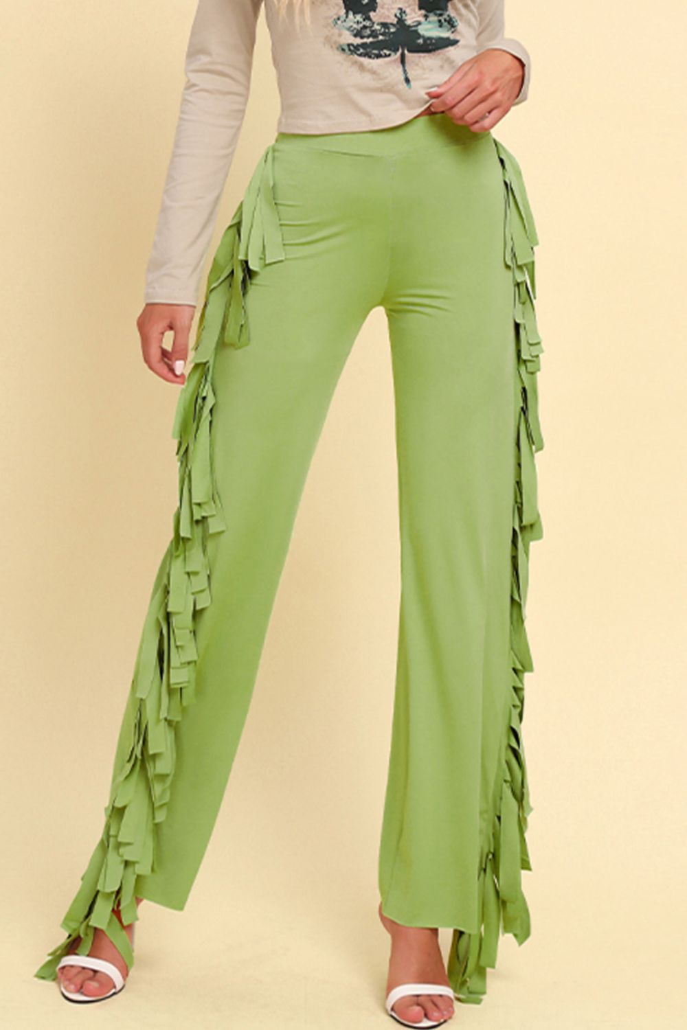 Fringe Trim Wide Leg Pants - Green / S - Bottoms - Pants - 6 - 2024