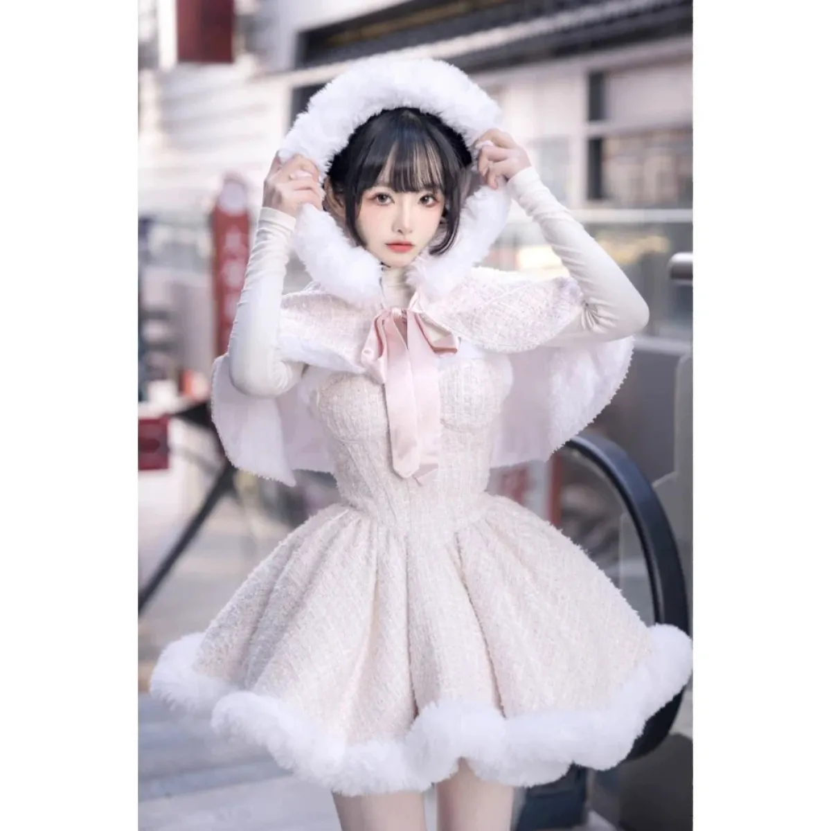 Fur Trim Lolita Dress Set – Kawaii Winter Hooded Cape Outfit - All Dresses - Long - Lolita Dress - 1