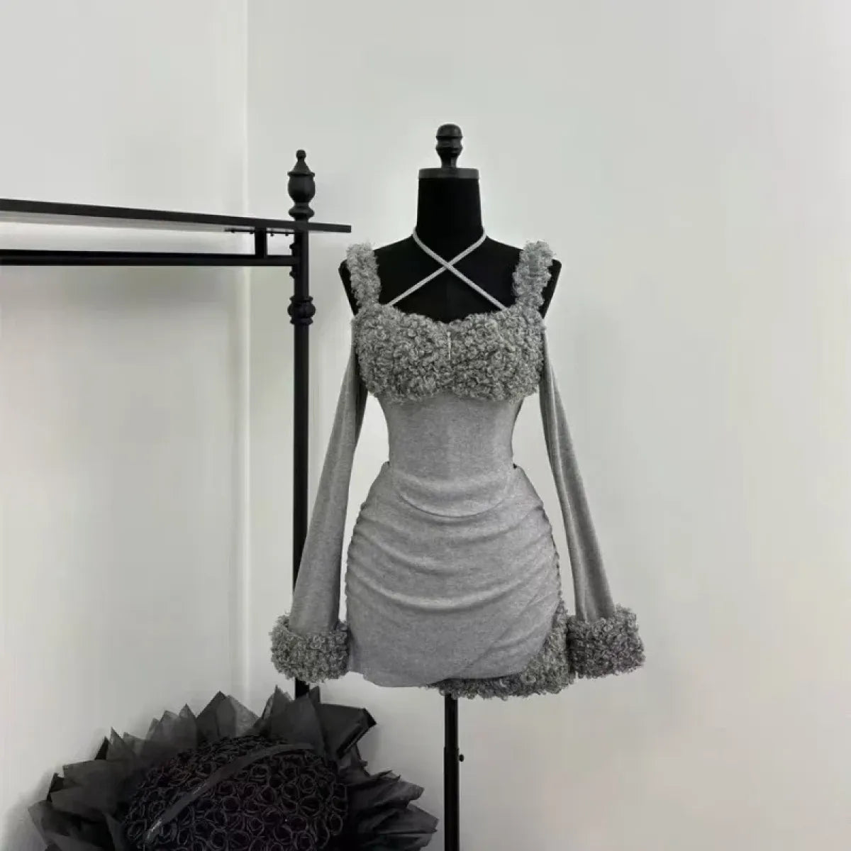 Furry Patchwork Halter Top & Ruched Skirt – Y2K Grunge - Bottoms - Sleeveless - Halter - Clothing Sets - 2