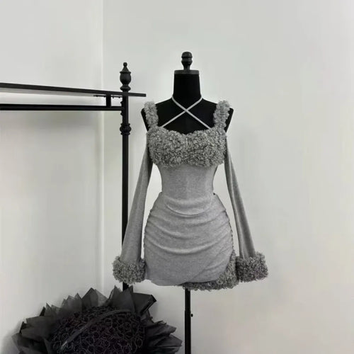 Furry Patchwork Halter Top & Ruched Skirt – Y2K Grunge - Bottoms - Sleeveless - Halter - Clothing Sets - 2