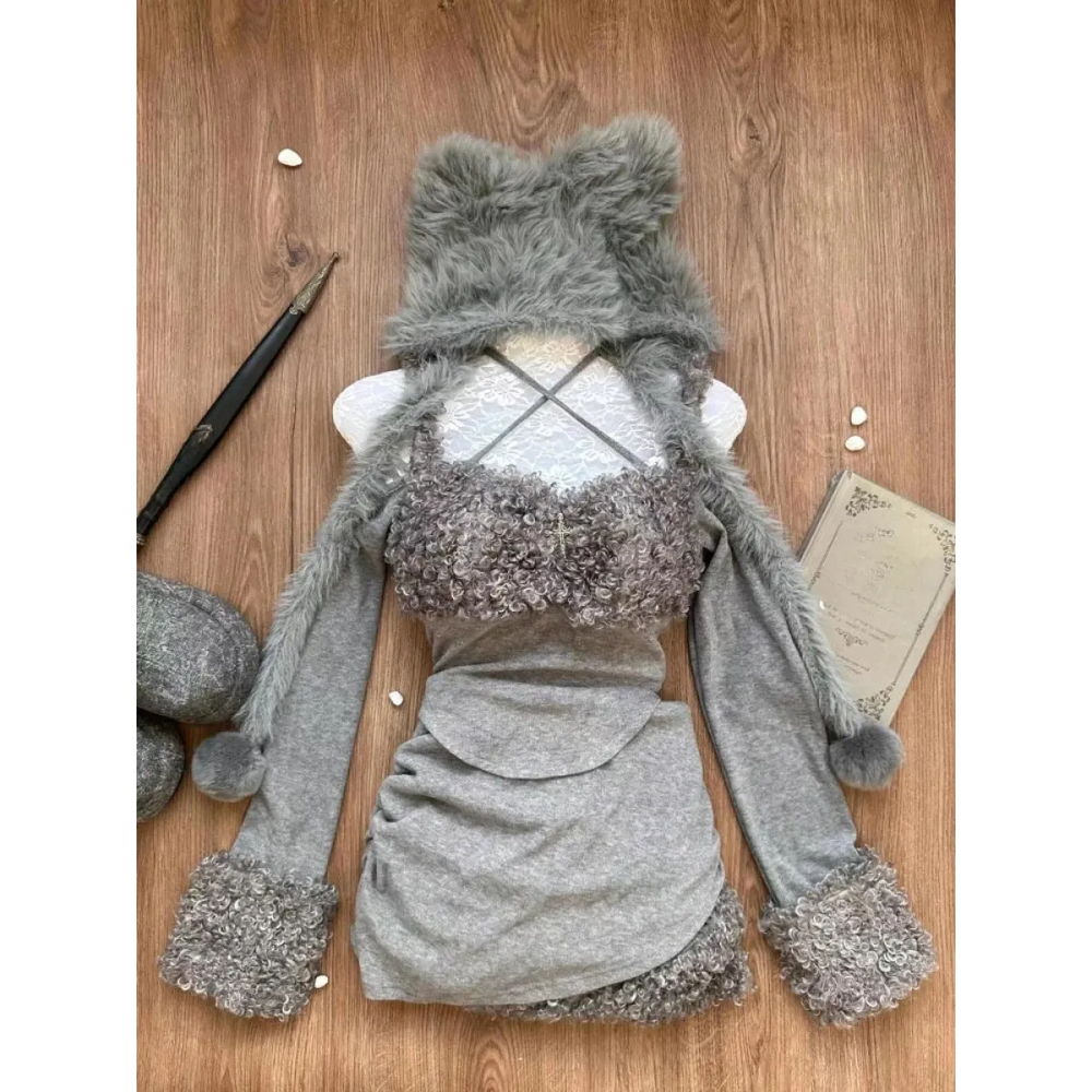 Furry Patchwork Halter Top & Ruched Skirt – Y2K Grunge - Bottoms - Sleeveless - Halter - Clothing Sets - 1
