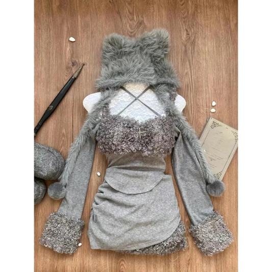 Furry Patchwork Halter Top & Ruched Skirt – Y2K Grunge - Bottoms - Sleeveless - Halter - Clothing Sets - 1