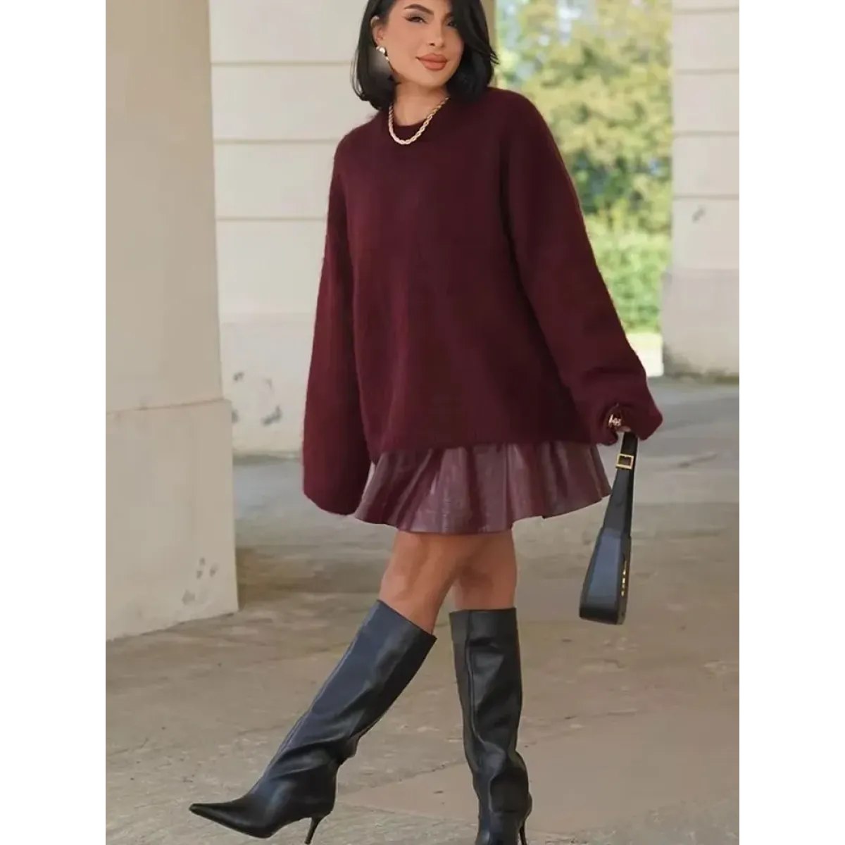 Burgundy Fluffy Knit O-Neck Sweater - Sweaters - Sweater / Pullover - 4