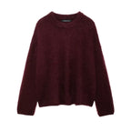 Burgundy Fluffy Knit O-Neck Sweater - Sweaters - Sweater / Pullover - 8