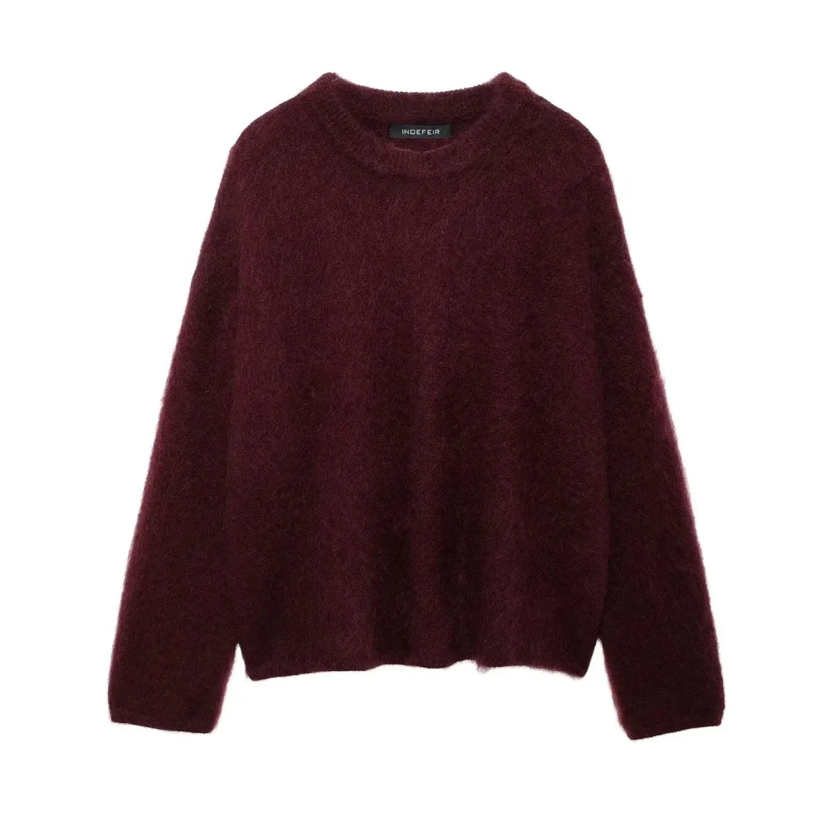 Burgundy Fluffy Knit O-Neck Sweater - Sweaters - Sweater / Pullover - 8