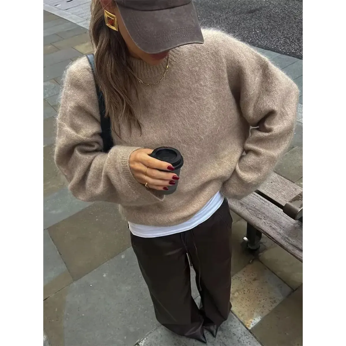 Burgundy Fluffy Knit O-Neck Sweater - Sweaters - Sweater / Pullover - 2