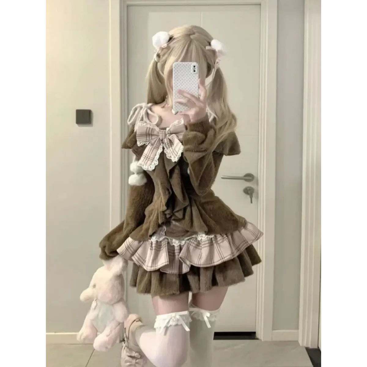 Fuzzy Lolita Set – Bow Top & Plaid Mini Skirt Kawaii - Bottoms - Long - Off-Shoulder - Clothing Sets - 1