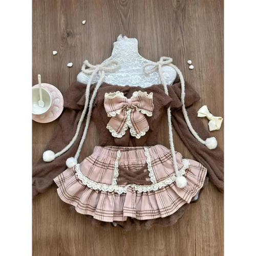 Fuzzy Lolita Set – Bow Top & Plaid Mini Skirt Kawaii - Bottoms - Long - Off-Shoulder - Clothing Sets - 2