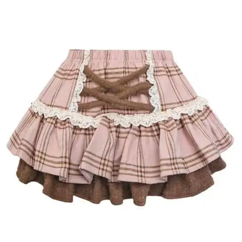Fuzzy Lolita Set – Bow Top & Plaid Mini Skirt Kawaii - Bottoms - Long - Off-Shoulder - Clothing Sets - 3