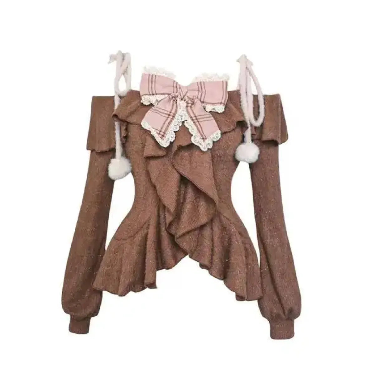 Fuzzy Lolita Set – Bow Top & Plaid Mini Skirt Kawaii - Bottoms - Long - Off-Shoulder - Clothing Sets - 4