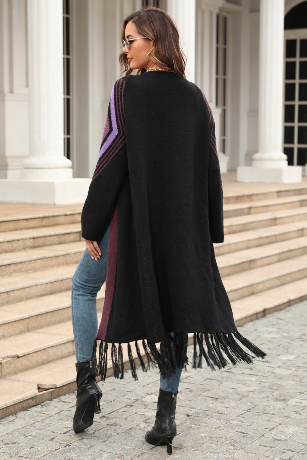 Geometric Fringe Hem Open Front Duster Cardigan - Women’s Clothing & Accessories - Shirts & Tops - 16 - 2024