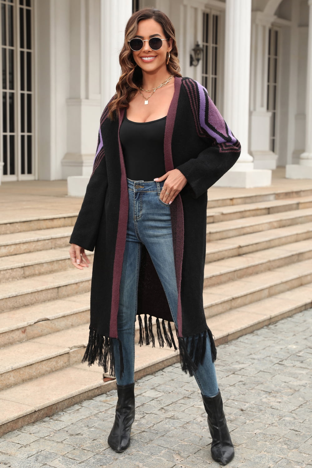 Geometric Fringe Hem Open Front Duster Cardigan - Women’s Clothing & Accessories - Shirts & Tops - 18 - 2024