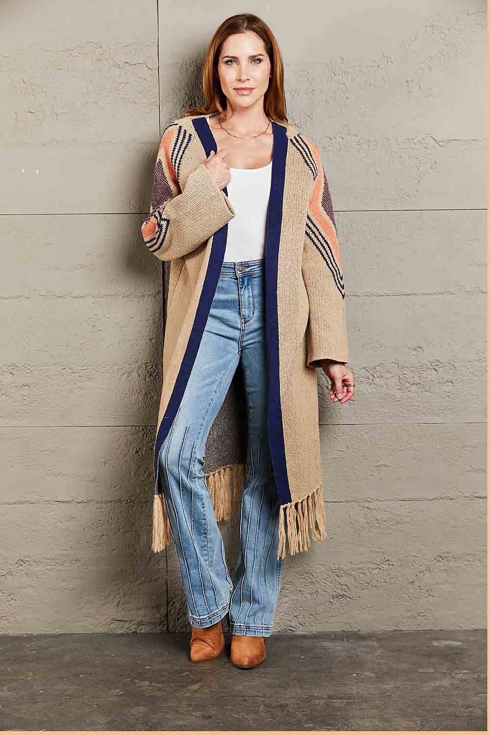 Geometric Fringe Hem Open Front Duster Cardigan - Women’s Clothing & Accessories - Shirts & Tops - 3 - 2024