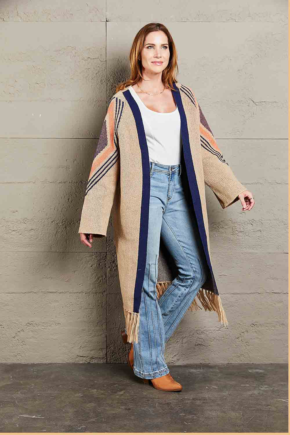 Geometric Fringe Hem Open Front Duster Cardigan - Women’s Clothing & Accessories - Shirts & Tops - 4 - 2024