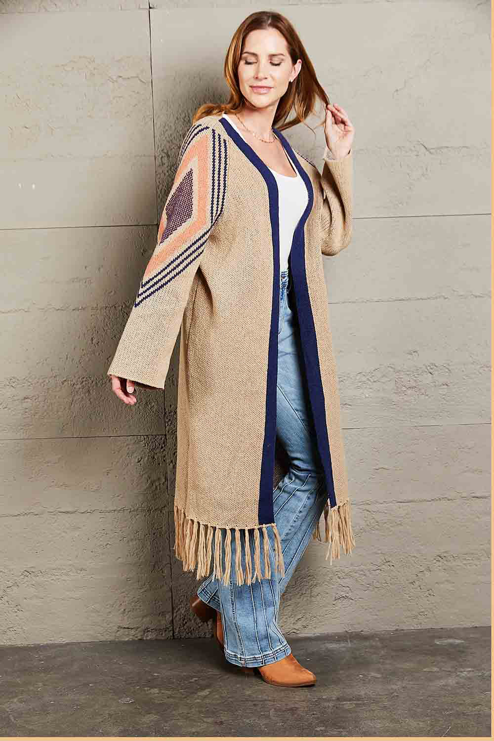 Geometric Fringe Hem Open Front Duster Cardigan - Women’s Clothing & Accessories - Shirts & Tops - 5 - 2024