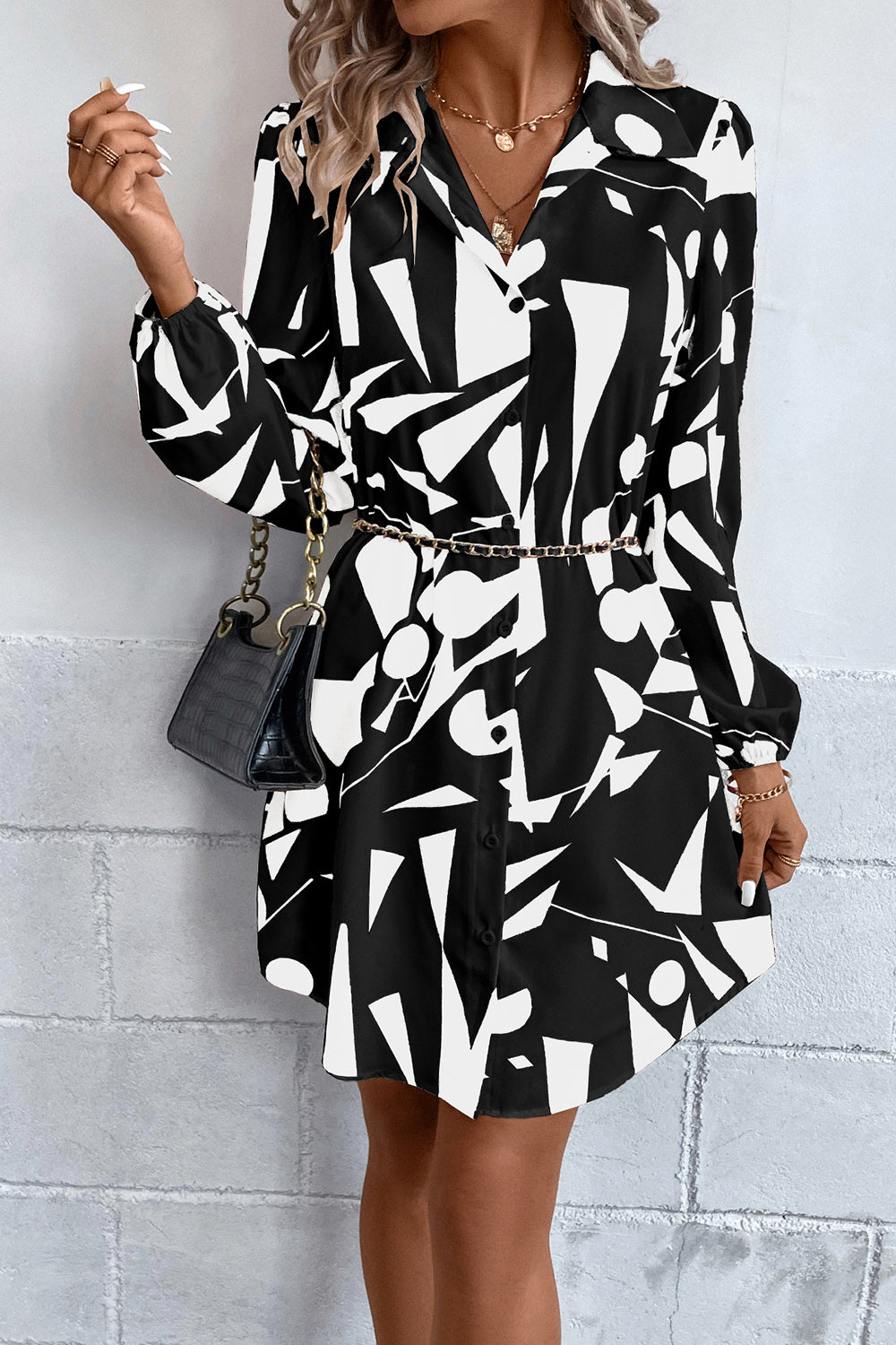 Geometric Long Sleeve Shirt Dress - Black / S - All Dresses - Dresses - 1 - 2024