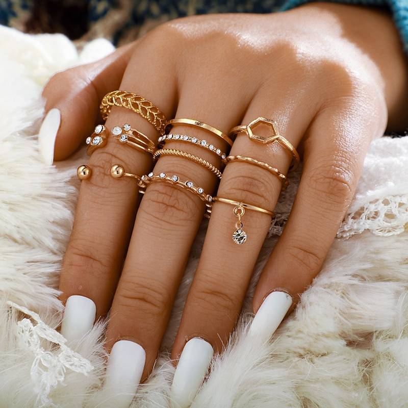 Geometric Patterned Rings Set - Gold - Women’s - Rings - 7 - 2024