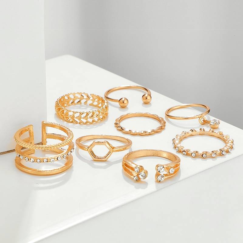 Geometric Patterned Rings Set - Gold - Women’s - Rings - 8 - 2024