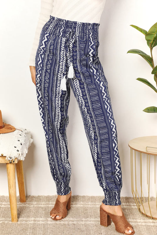 Geometric Print Tassel High-Rise Pants - Blue / S - Bottoms - Pants - 1 - 2024